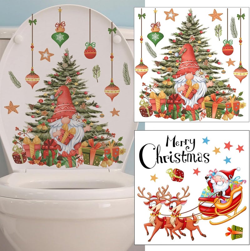 BASEMMAHER 2 Sheets Christmas Toilet Lid Stickers Decals, Christmas Tree Santa Claus Elk Bathroom Toilet Seat Wall Self-Adhesive Stickers for Xmas Home Window Clings Decorations - Image 1